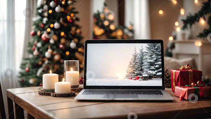 Скачать Ноутбук с зимней картинкой на столе на фоне рождественского декора комнаты с рождественской елкой, гирляндами, уютным домом. Искусственный интеллект сгенерирован фотосток Ozero