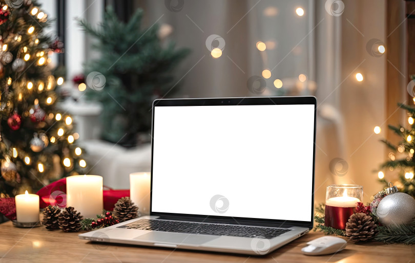 Скачать Макет ноутбука с белым экраном на столе на фоне рождественского декора комнаты с рождественской елкой, гирляндами, уютной комнатой. Сгенерированный ИИ фотосток Ozero