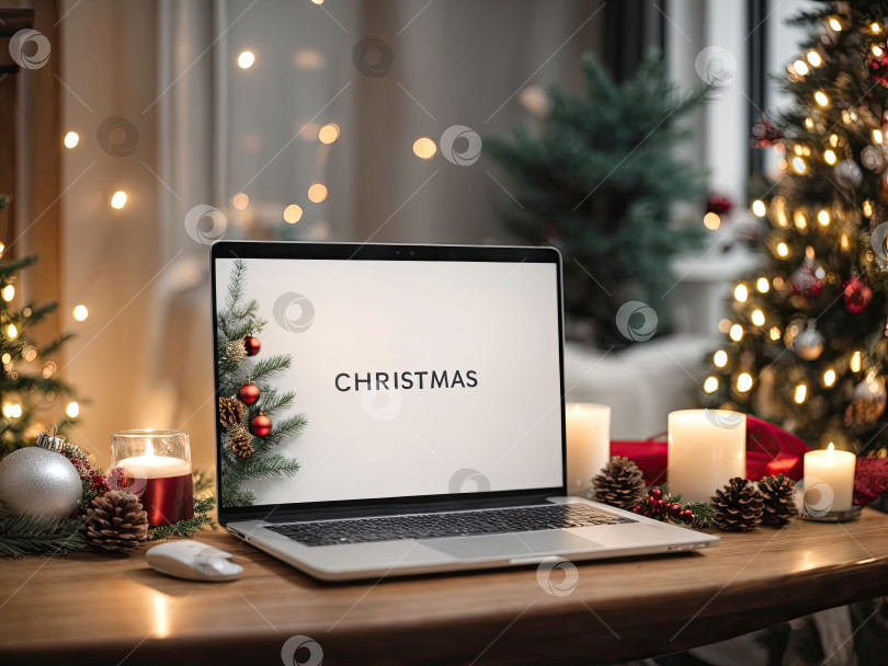 Скачать Ноутбук с зимней картинкой на столе на фоне рождественского декора комнаты с рождественской елкой, гирляндами, уютным домом. Искусственный интеллект сгенерирован фотосток Ozero