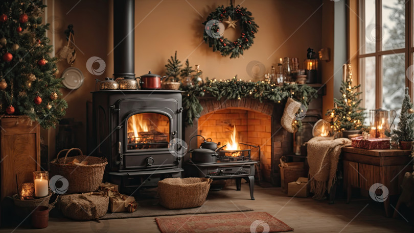 Скачать Уютная деревенская кухня с рождественским декором и чугунной печью-камином, новогоднее настроение, подготовка к празднику, посуда. Поздравительная открытка с Рождеством и Новым годом, домашнее тепло. Сгенерировано искусственным интеллектом фотосток Ozero