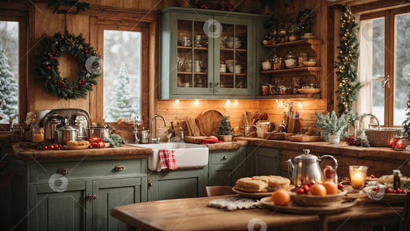 Скачать Уютная деревенская кухня с рождественским декором, новогоднее настроение, подготовка к празднику, посуда. Поздравительная открытка с Рождеством и Новым годом, домашнее тепло. Сгенерировано искусственным интеллектом фотосток Ozero