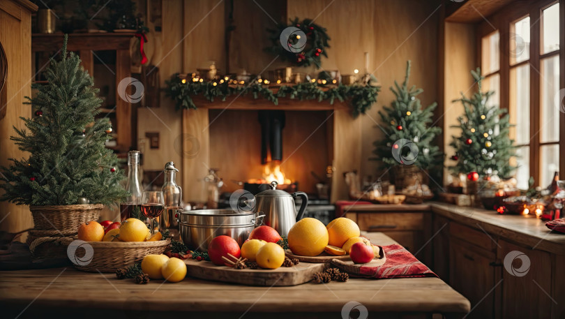 Скачать Уютная деревенская кухня с рождественским декором, новогоднее настроение, подготовка к празднику, посуда. Поздравительная открытка с Рождеством и Новым годом, домашнее тепло. Сгенерировано искусственным интеллектом фотосток Ozero