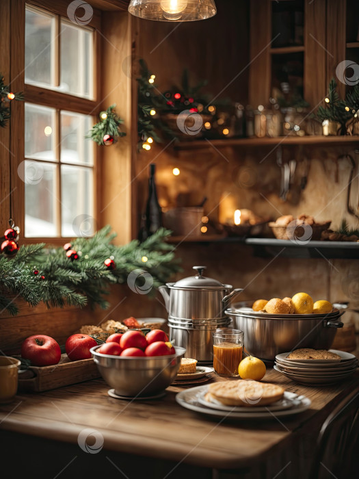 Скачать Уютная деревенская кухня с рождественским декором, новогоднее настроение, подготовка к празднику, посуда. Поздравительная открытка с Рождеством и Новым годом, домашнее тепло. Сгенерировано искусственным интеллектом фотосток Ozero