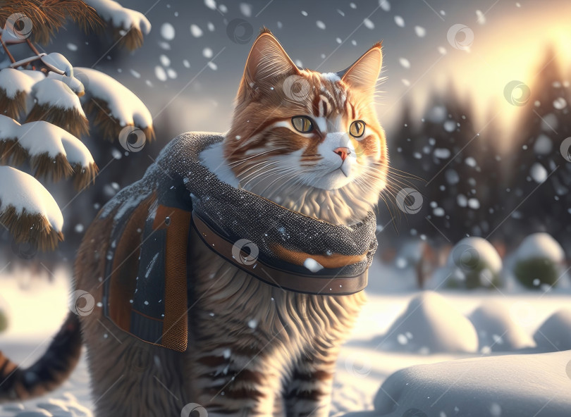 Скачать Сказочный рыжий кот в шарфе под снегом на открытом воздухе в сельской местности зимой на прогулке. Рождественская открытка, зимнее настроение, Новый год. Искусственный интеллект сгенерирован фотосток Ozero