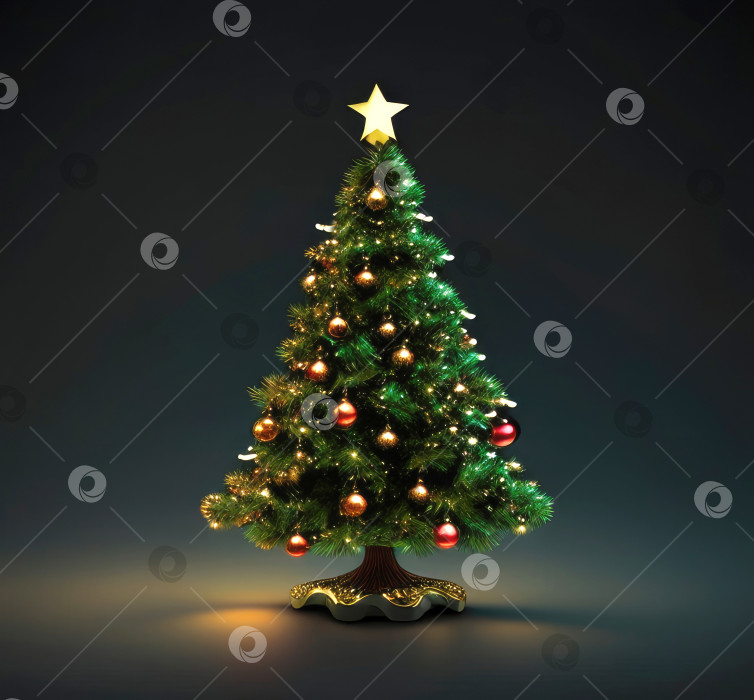 Скачать Сказочная рождественская елка в сказочном стиле с разноцветным декором на однотонном фоне в центре. Рождество и Новый год, праздничное настроение, поздравительная открытка фотосток Ozero