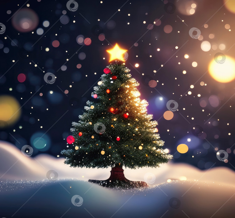 Скачать Сказочная рождественская елка в сказочном стиле с разноцветным декором на фоне с боке из гирлянд, в снегу, в центре. Рождество и Новый год, праздничное настроение, поздравительная открытка фотосток Ozero