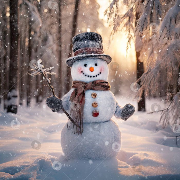 Скачать Добрый забавный мультяшный снеговик в вязаной шапке и шарфе во дворе на фоне уютного снежного леса. Зимняя сказка, снегопад, снежные развлечения, Рождество и новый год. Искусственный интеллект сгенерирован фотосток Ozero