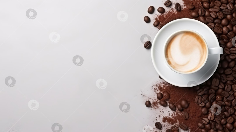 Скачать Вид сверху на белую чашку с кофе рядом с кофейными зернами. Место для текста. Порождающий ИИ. фотосток Ozero
