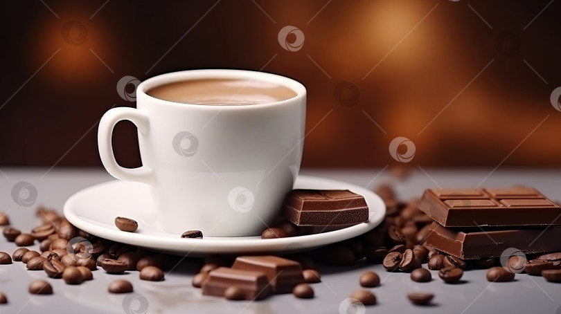 Скачать Белая кофейная чашка рядом с кусочками плитки шоколада и кофейными зернами. Порождающий искусственный интеллект. фотосток Ozero