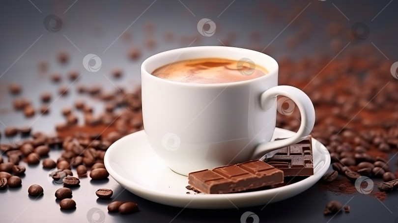 Скачать Белая кофейная чашка рядом с кусочками плитки шоколада и кофейными зернами. Порождающий искусственный интеллект. фотосток Ozero