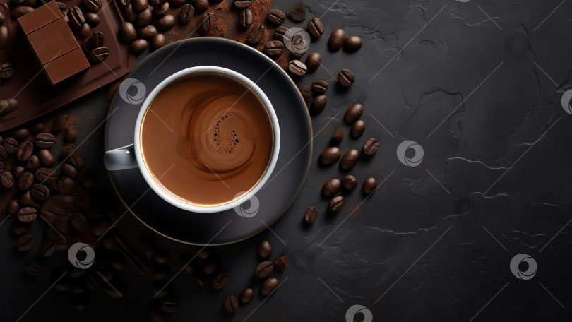 Скачать Вид сверху на чашку кофе рядом с кусочками плитки шоколада и кофейными зернами, порождающий искусственный интеллект. фотосток Ozero
