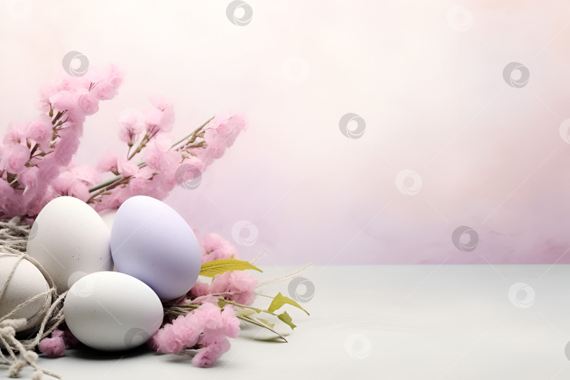 Скачать Пасхальная открытка в нежно-розовых тонах с крашеными яйцами и цветами фотосток Ozero
