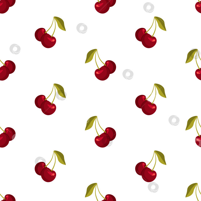 Скачать Бесшовный вишневый узор. Осенний сбор вишни. Летние ягоды на белом фоне. Принт подходит для летних дизайнов, оберточной бумаги, ткани, одежды, веганских композиций фотосток Ozero