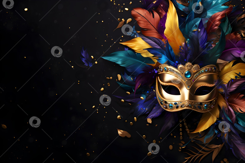 Скачать Золотая карнавальная маска Рио с перьями на темном фоне, скопируйте пространство. Золотая маска, окруженная разноцветными перьями, яркий дух карнавала. Золотая маска, обрамленная всплеском разноцветных перьев фотосток Ozero