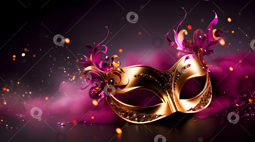 Скачать Золотая карнавальная маска на темно-пурпурном фоне, скопируйте пространство. Баннер Венецианского карнавала. Мистическая золотая маска в фиолетовой дымке, праздничная и роскошная. Роскошная карнавальная маска с перьями и блестками фотосток Ozero
