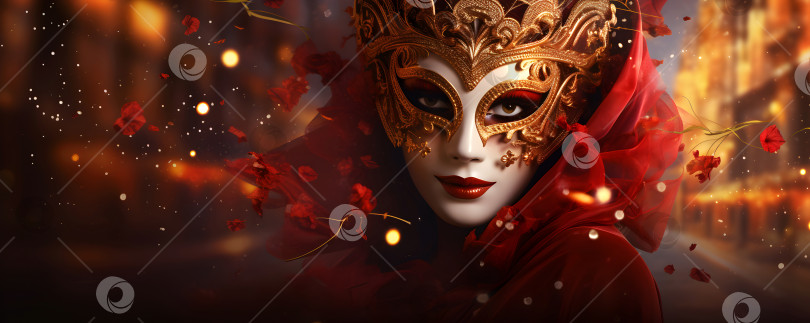 Скачать Иллюстрация женщины в красно-золотой венецианской маске на улицах Венеции во время карнавала. Загадочное присутствие женщины, обрамленное теплым сиянием золотого света и красного шелка фотосток Ozero