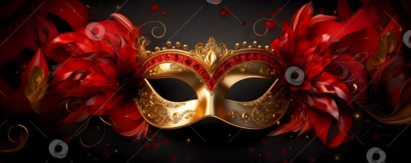 Скачать Красно-золотая маска с красными перьями на темном фоне, карнавальное сияние. Колорит венецианского маскарада. Праздничный карнавальный баннер. Цветочная элегантность на праздничной венецианской маске фотосток Ozero