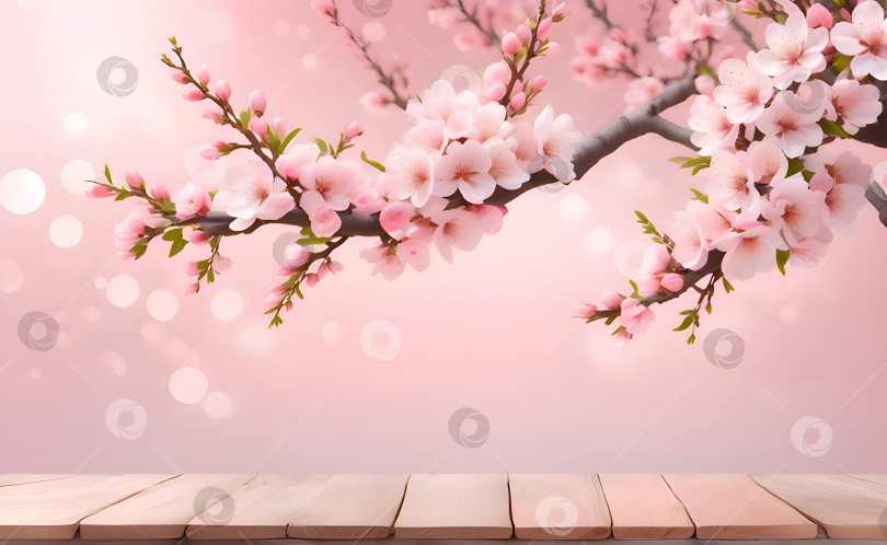 Скачать Ветвь цветущей сливы на деревянной поверхности фотосток Ozero