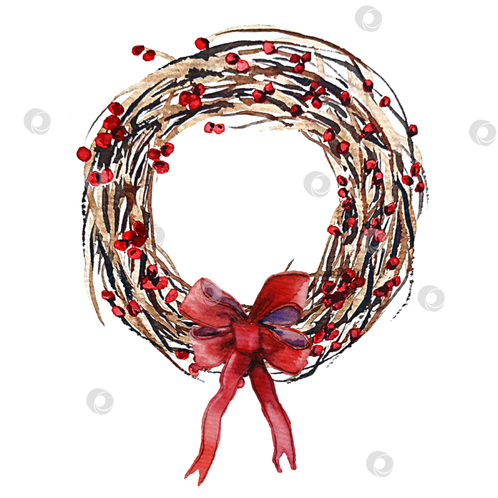 Скачать Рождественский венок с красными ягодами и бантом из красной ленты, нарисованный вручную акварелью фотосток Ozero