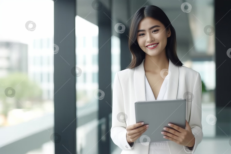 Скачать Азиатская бизнес-леди в белом костюме с цифровым планшетом в руках на фоне офисного помещения в размытом виде. Выборочный фокус, малая глубина резкости фотосток Ozero