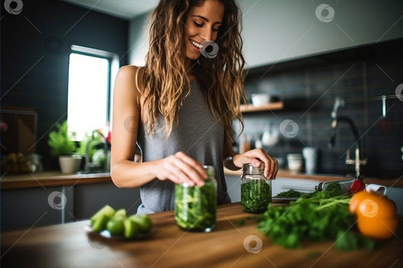 Скачать Жизнерадостная молодая женщина готовит зеленый смузи или сок на своей кухне фотосток Ozero