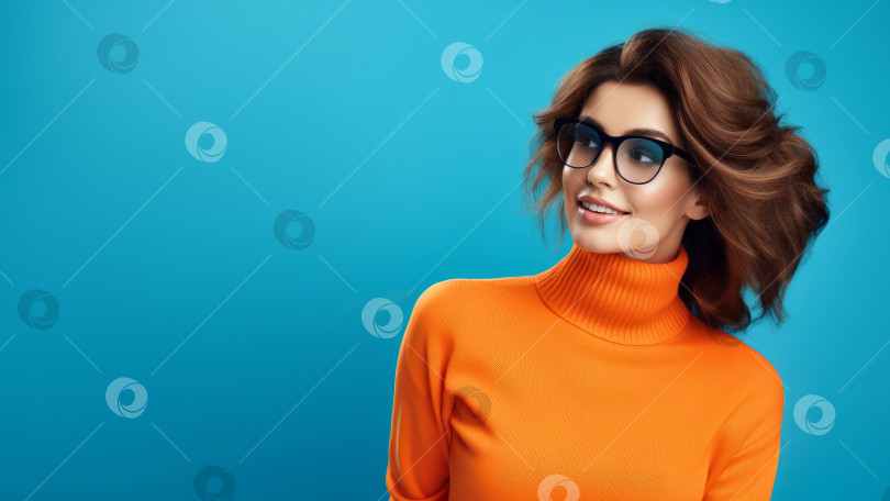 Скачать Красивая улыбающаяся молодая женщина в очках, одетая в оранжевый свитер на синем фоне, место для копирования, баннер фотосток Ozero