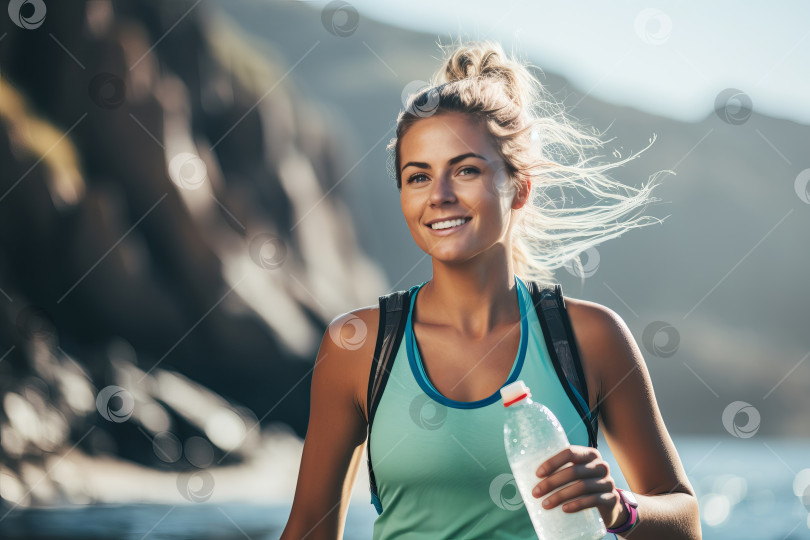 Скачать Красивая девушка с бутылкой минеральной воды во время тренировки, на фоне горного пейзажа в размытом виде фотосток Ozero