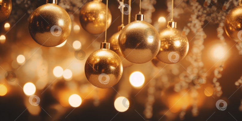 Скачать Фон с золотыми рождественскими огнями и золотыми шарами. Выборочный фокус, боке, пространство для копирования, обои, баннер фотосток Ozero