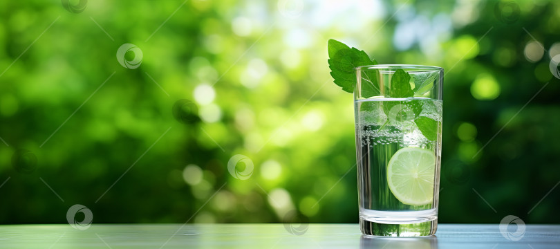 Скачать Вода в стакане с зелеными листьями и ломтиком лимона на фоне зеленых деревьев в размытом виде. Скопируйте пробел, баннер, малую глубину резкости фотосток Ozero