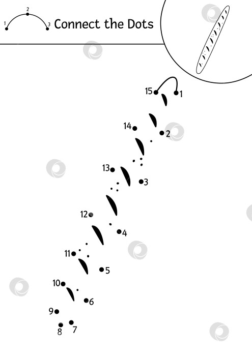 Скачать Векторное упражнение "точка в точку" и раскрашивание багета. Детская игра "Соедини точки" на тему Франции с основным кондитерским изделием. Раскраска для детей по-французски. Лист для печати с батоном фотосток Ozero