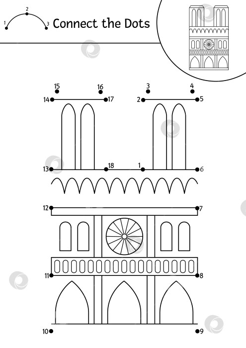Скачать Векторное задание "точка к точке" и раскрашивание с собором Нотр-Дам де Пари. Детская игра "Соедини точки" на тему Франции с достопримечательностями. Раскраска по французскому языку для детей. Рабочий лист для печати фотосток Ozero