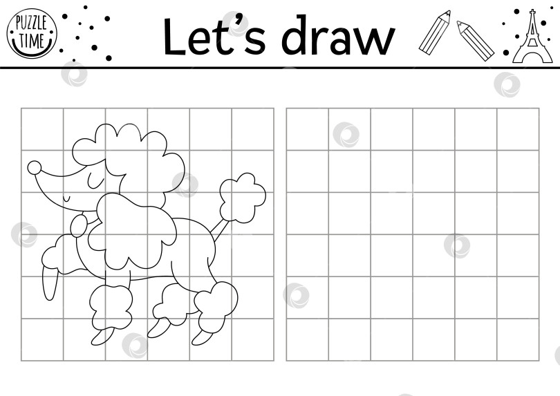 Скачать Нарисуйте пуделя. Векторный практикум по рисованию на тему Франции с милым животным. Черно-белое занятие для детей для печати. Скопируйте или дополните страницу раскраски на французском языке с изображением любимой собаки фотосток Ozero