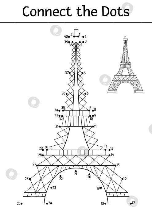 Скачать Векторное задание "точка к точке" и раскрашивание с Эйфелевой башней. Детская игра "Соедини точки" на тему Франции с главной достопримечательностью Парижа. Французская раскраска для детей. Рабочий лист для печати фотосток Ozero