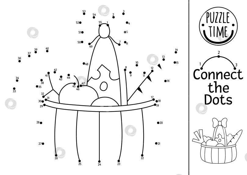 Скачать Векторное задание "точка в точку" и раскрашивание с корзинкой, сыром, овощами, багетом. Детская игра "Соедини точки" на тему Франции. Раскраска по французскому языку для детей. Лист здорового питания для печати фотосток Ozero