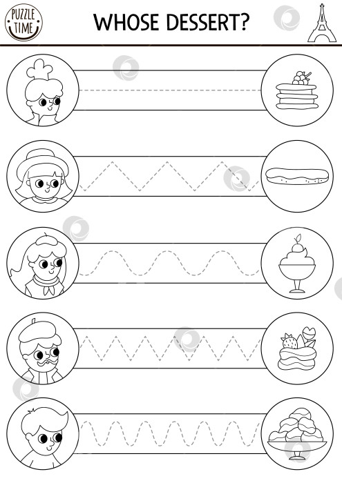 Скачать Векторный лист для отработки рукописного ввода на французскую тематику со сладкими блюдами. Черно-белое занятие для детей на французском языке для печати. Игра-трассировка для развития навыков письма. Раскраска с людьми и десертами фотосток Ozero