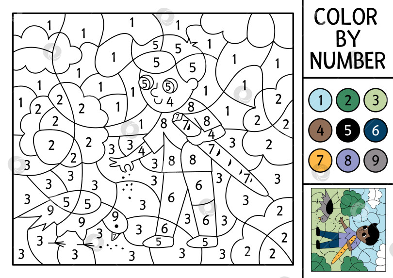 Скачать Векторное занятие на тему Франции "раскрась по номерам" с мальчиком, кормящим голубя с багетом. Сцена французского пейзажа. Черно-белая игра в подсчет с симпатичным темнокожим персонажем. Раскраска для детей фотосток Ozero