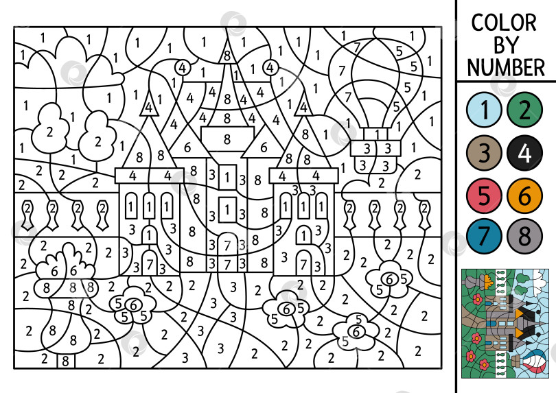 Скачать Векторное занятие на тему Франции "раскрась по номерам" с замком в парке. Сцена французского пейзажа. Черно-белая игра в подсчет с древним зданием. Раскраска для детей с садом фотосток Ozero