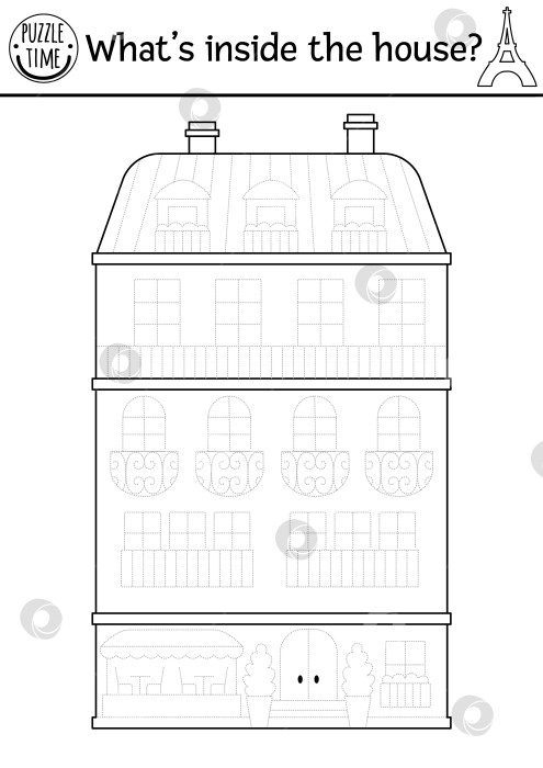 Скачать Проследите за домом. Практикум по векторному рисованию на тему Франции. Черно-белое занятие для детей для печати. Французская раскраска с традиционным зданием Парижа фотосток Ozero