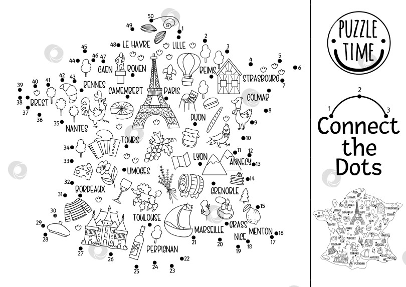 Скачать Векторное задание "точка к точке" и раскрашивание с картой Франции, городами, достопримечательностями, символами. Детская игра "Соедини точки" на тему Франции. Раскраска по французскому языку для детей. Рабочий лист для печати фотосток Ozero