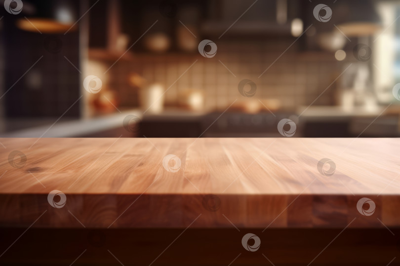 Скачать Современная кухня с пустой деревянной столешницей на размытом фоне. Малая глубина резкости, выборочный фокус, макет для монтажа вашего текста или продукта, место для копирования фотосток Ozero
