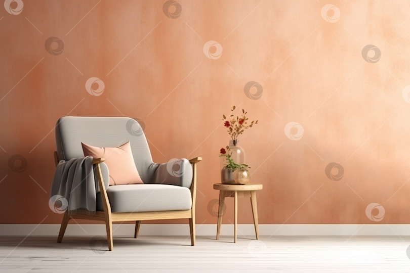 Скачать Уютная гостиная в минималистском дизайне интерьера с креслом с подушкой и одеялом, комнатными растениями в горшках, пустой оранжевой стеной для макета, местом для копирования фотосток Ozero