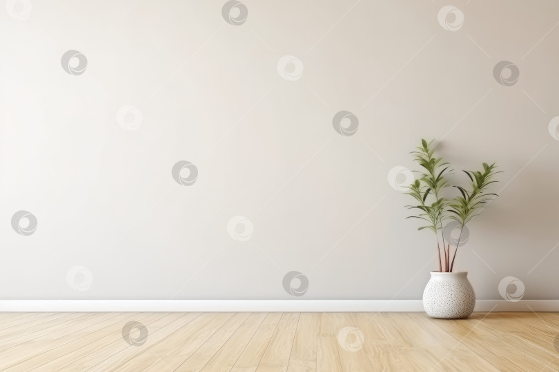 Скачать Светлая гостиная в минималистском дизайне интерьера с комнатным растением в горшке, пустым пространством на стене для макета, местом для копирования фотосток Ozero