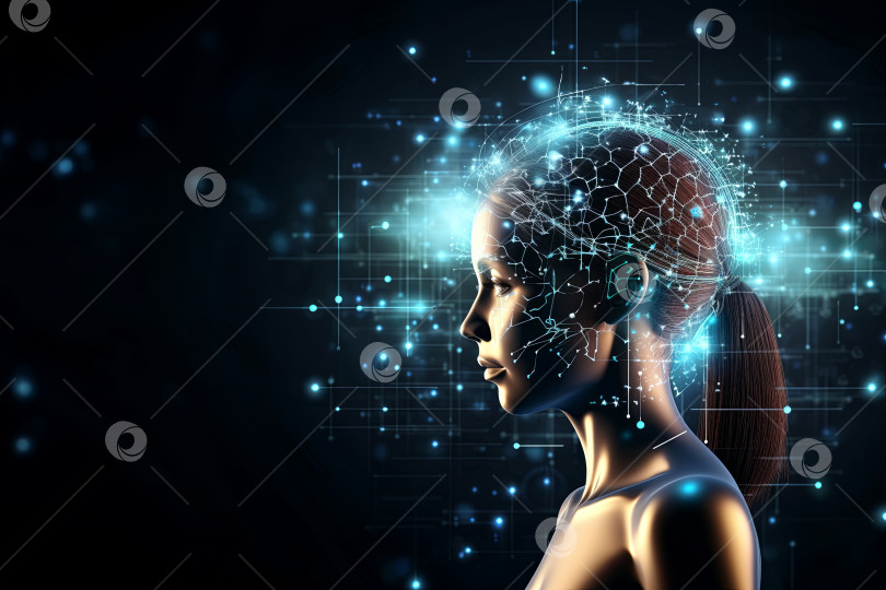 Скачать Ии, концепция искусственного интеллекта, использует аналитику, автоматизацию и автономный мозг. через портрет женщины-робота управление большими данными фотосток Ozero
