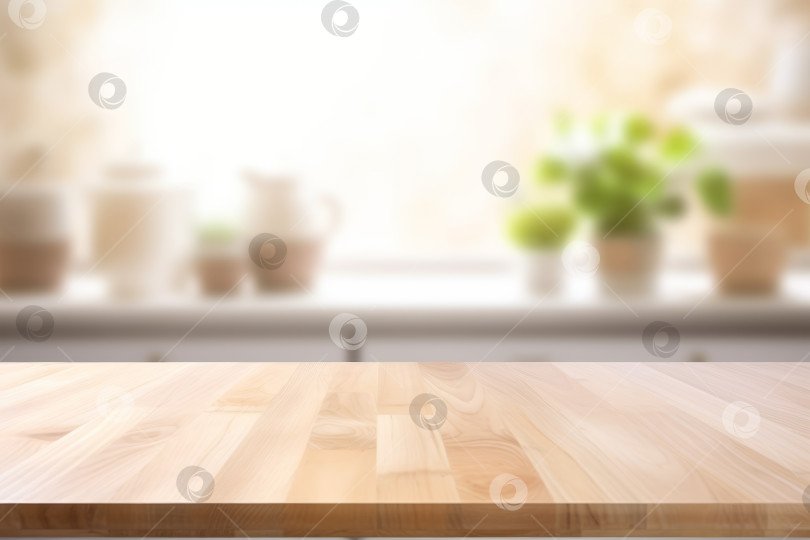 Скачать Пустая деревянная столешница на фоне современного кухонного интерьера с размытым фоном, макет, пространство для копирования, малая глубина резкости, выборочный фокус фотосток Ozero