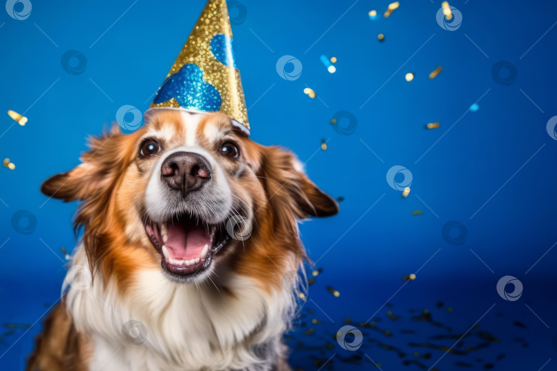 Скачать Крупный план портрета счастливой милой собачки корги в праздничной шляпе, окруженной падающими конфетти, сплошной синий фон. Место для копирования фотосток Ozero