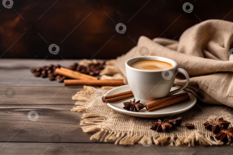 Скачать Крупный план чашки кофе, стоящей на деревянном столе рядом с палочками корицы и кофейными зернами. Небольшая глубина резкости, выборочный фокус фотосток Ozero