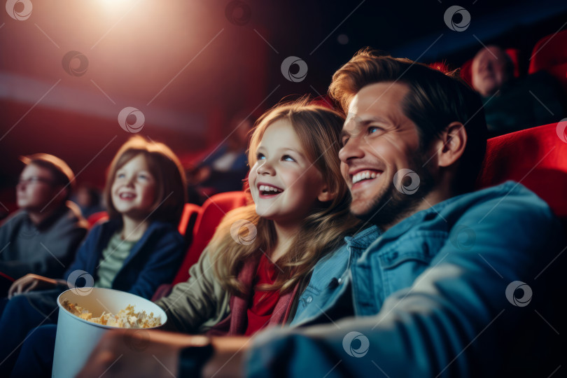 Скачать Крупный план молодой радостной семьи с ребенком в кинотеатре, смотрящей фильм фотосток Ozero