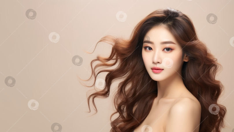 Скачать Молодая азиатская красавица с вьющимися длинными волосами, корейским макияжем на лице и идеальной кожей на однотонном светло-бежевом фоне. Уход за лицом, косметология. Место для копирования фотосток Ozero