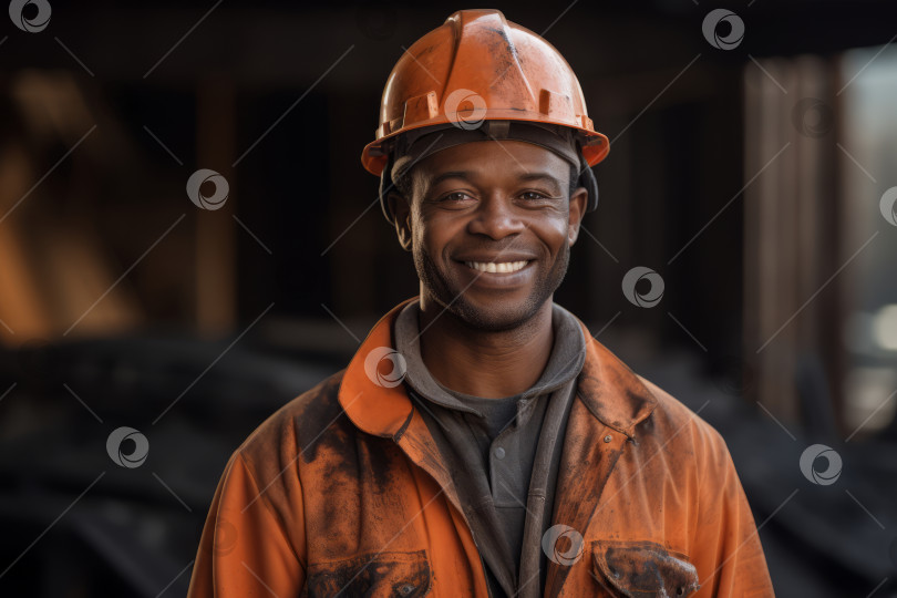Скачать Улыбающийся афроамериканский рабочий в униформе и каске на строительной площадке позирует для портрета на темном фоне фотосток Ozero