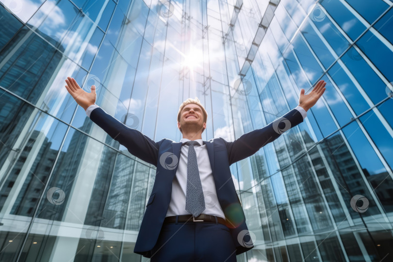 Скачать Вид снизу на счастливого бизнесмена в костюме, поднимающего руки в победном жесте на фоне современных офисных зданий из голубого стекла с отражением неба фотосток Ozero